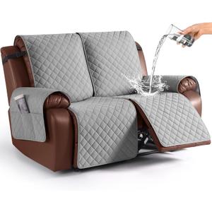 KinCam Loveseat Recliner Covers for 2 Seat, 100% Waterproof Reclining Loveseat Covers, Non-Slip Recliner Cover Furniture Protector with Elastic Straps for Pets, Kids, Light Gray