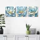Blue Abstract Canvas Wall Art, 12"x12" Blossoming Floral with Gold Foil Prints - Set of 3 for Living Room, Bedroom, Bathroom
