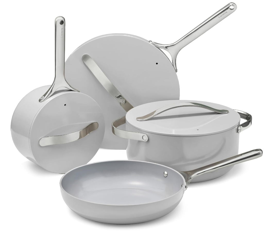 Caraway Nonstick Ceramic Cookware Set (12 Piece) Pots, Pans, Lids and Kitchen Storage - Non Toxic - Oven Safe & Compatible with All Stovetops - White, 12pc Set