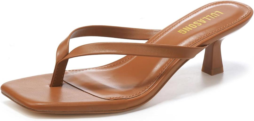 Women's Kitten Heels Sandals Square Open Toe Flip Flop Heels 1.8-2 Inch Heeled Sandals for Women (6.5, Brown)