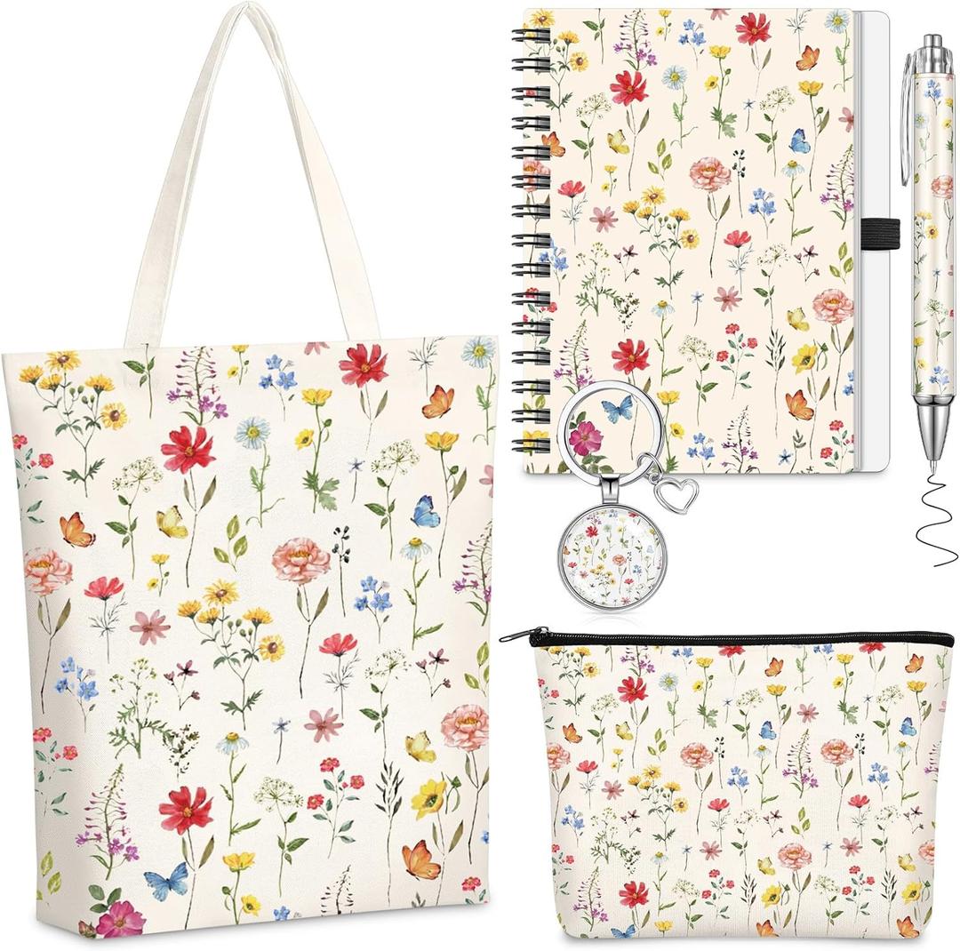 5 Pcs Wildflower Themed Gifts Set for Women Include Aesthetic Canvas Tote Bag Zipper Makeup Bag Keychain Notebook Pen for Flower Lover Party Favors Gift for Birthday Valentine Christmas