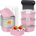 LNYZQUS 120pack/10oz Mini Cake Foil Pans with Lids, 4x4 Large Cupcake Pan Disposable Ramekins,Small Brownie Baking Cups Square Muffin Tin Cheesecake Containers Holders-Pink