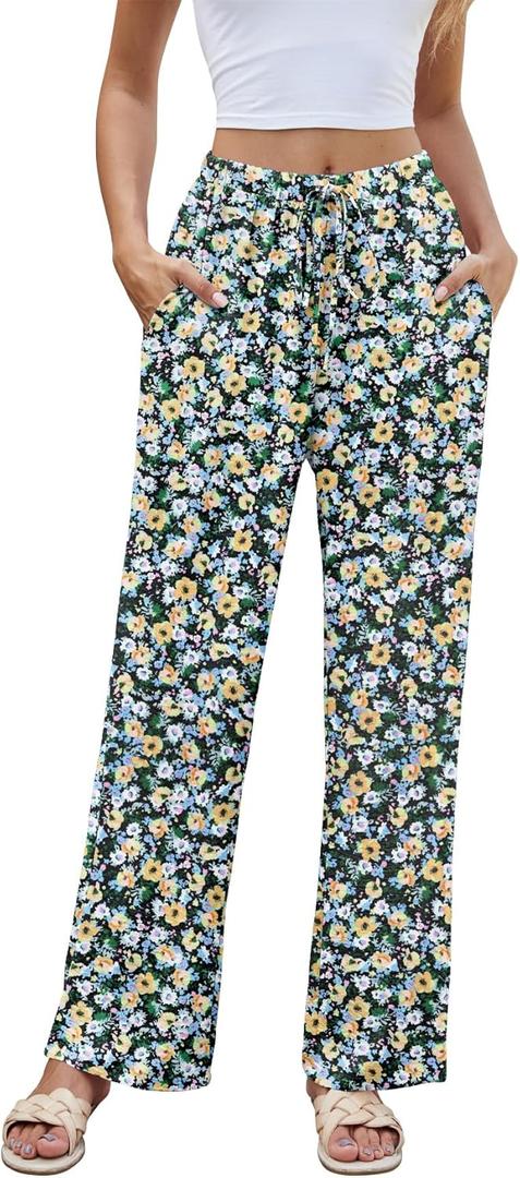 KUOTAI Womens Casual Elastic High Waist Wide Leg Pants Summer Flowy Beach Palazzo Trousers with Pockets (L)