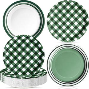 60 Pcs Green Gingham Plates 9 Inch Disposable Checkered Plaid Dinner Paper Dessert Plates for Birthday Baby Shower Wedding Camping Themed Party Supplies, 4 Styles