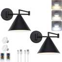 ZCPULS Black Swing Arm Battery Operated Wall Sconces Set of 2,Rechargeable Wireless Dimmable 3 Color Wall Light with Remote,Cone Indoor Light Fixture for Bedside,Kitchen,Hallway,Living Room,Reading