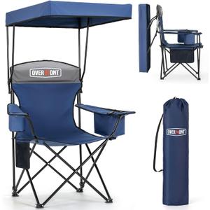 Overmont Beach Chair with Canopy Shade and Cooler - Support 330lbs Oversized Folding Camping Chair with Umbrella- Cup Holder - Cool Bag - Lounge Chair for Sand Travel Outdoor Pool Sports Blue, 1pc