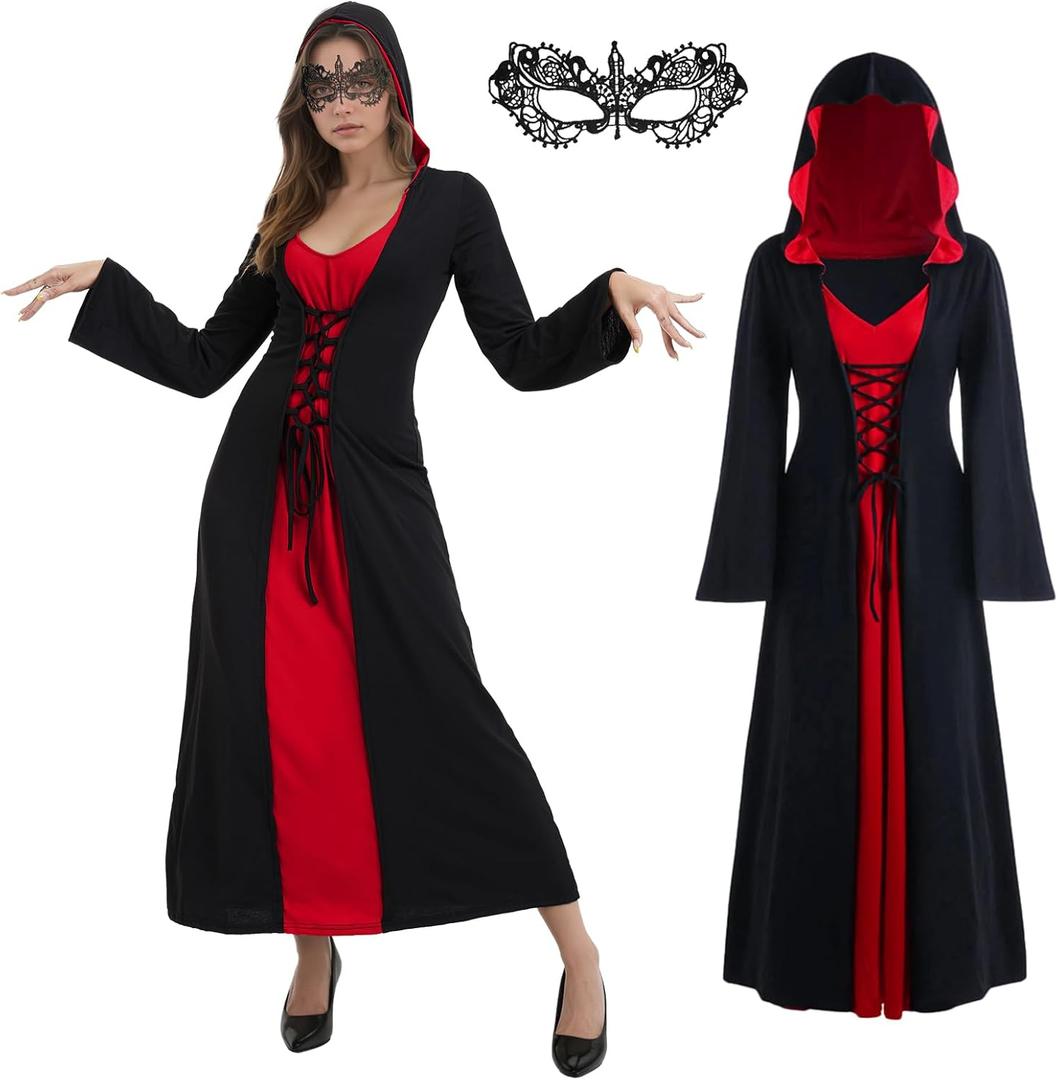 Womens Halloween Costumes for Adults Medieval Hooded Maxi Dress for Women Fashion Hooded Robe Cosplay (Medium, Black and Red)