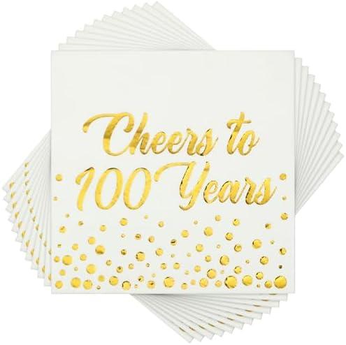 Qilery 100 Pcs Gold Foil Birthday Napkins Anniversary Birthday Decorations Cocktail Napkins Folded 6.5 x 6.5 Inch 3 Ply Disposable Tissue for Wedding Party(Cheers to 100 Years)