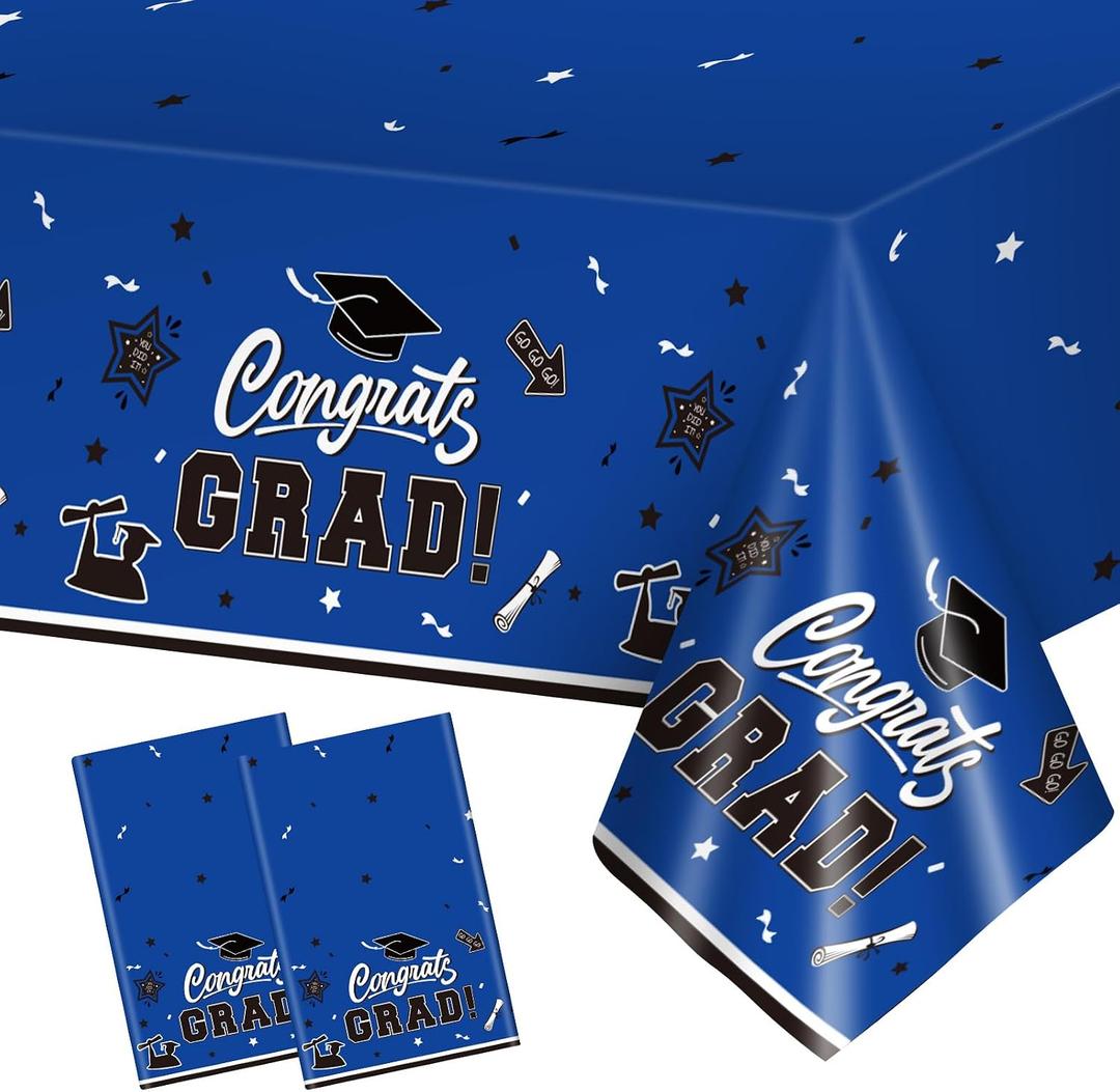 3 x 2 Pack Graduation Tablecloth - Congrats Grad Table Cloths, Plastic Disposable Rectangle Blue Class of 2026 Table Cover for Graduation Tables Decorations Party Decor Supplies Favors,108 x 54 Inch