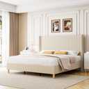 IDEALHOUSE Full Size Corduroy Upholstered Bed Frame, Platform Bed with 51" Tall Vertical Stripe Wingback Headboard, No Box Spring Needed/Wooden Slats/Noise Free/Beige
