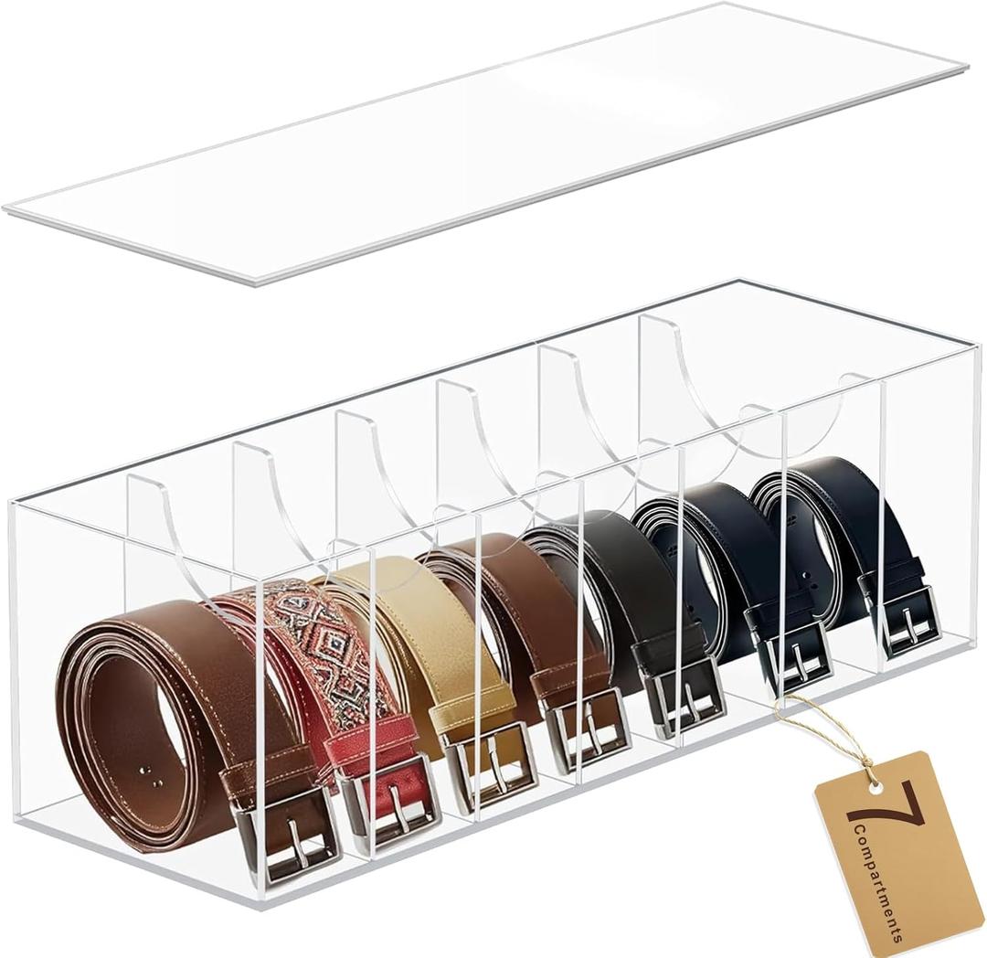 CLBDRESS Belt Organizer, Acrylic Belt Storage Organizer for Closet with Dust Cover, 7 Compartments Belt Box for Drawer, Clear Belt Holder, Display Case for Tie and Bow Tie for Men, Women