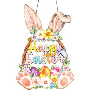 Wooden Easter Decoration, Door Wreath for Front Door, Sign Wall Signs, Rabbit Spring Decoration, Hollow Bunny Sign, Flower Egg Welcome Hanging, Home Wall Decor, Outdoor Indoor Porch, Happy Easter