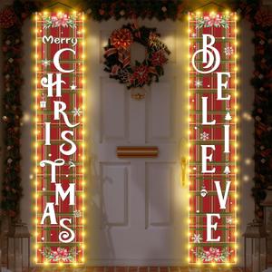 Mixweer 2 Pcs Lighted Christmas Hanging Banner Porch Sign Outdoor Decorations Merry Christmas Believe Yard Sign Red Green Buffalo Plaid Snowflake Porch Banner Xmas Holiday Door Garden Signs