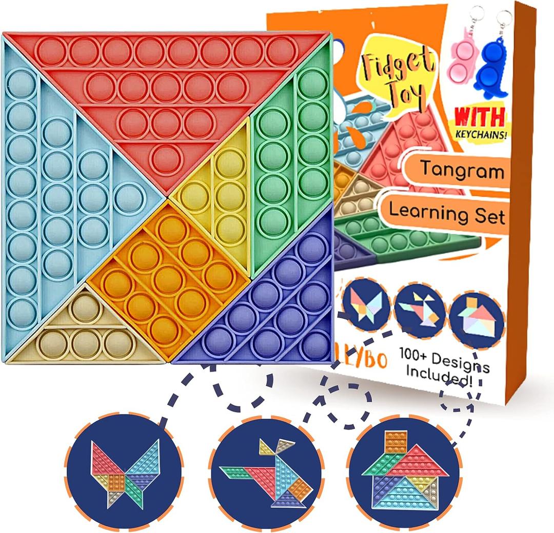 7pcs Push It Pop Fidget Toys Set, Tangram Puzzle Popper Sensory Toys Pack, Stress and Anxiety Relief Toy for All Ages, Fun Family Game Bubble Pop Fidget Toy Set