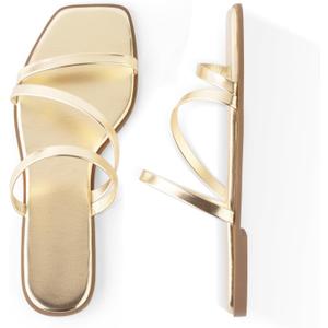 LACUONE Strappy Flat Sandals For Women Slip On Square Open Toe Slides Sandals (9, Gold)