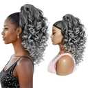 Curly Drawstring Ponytail for Black Women, 18 Inch Yaki Synthetic Ponytail Extension with Natural Volume, Full & Fluffy Look, Easy to Wear(T1B/ GRAY)