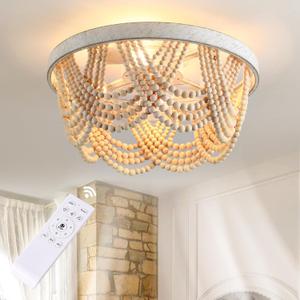 20-inch Boho Wood Beaded Ceiling Fan with Light, Flush Mount Fandelier, 6-Speed Remote Control, Antique White