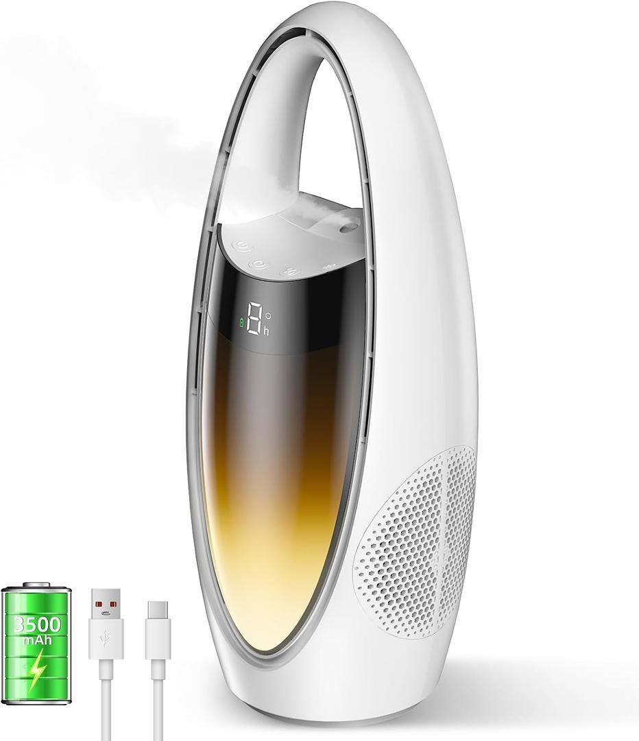 KONSIDEN Bladeless Misting Desk Fan, 13 Inch Rechargeable 3500mAh Quiet Small Personal Table Fan, 9 Speeds & 9H Timer, 60° Oscillation, 180ml Water Tank & Night Light for Bedroom Office Home Outdoor