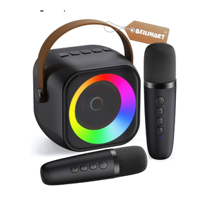 Mini Karaoke Machine, Portable Bluetooth Karaoke Speaker with 2 Wireless Microphones and Party Lights for Kids and Adults, Birthday Gifts for Girls Boys Family Home Party,  Black 2 Mics