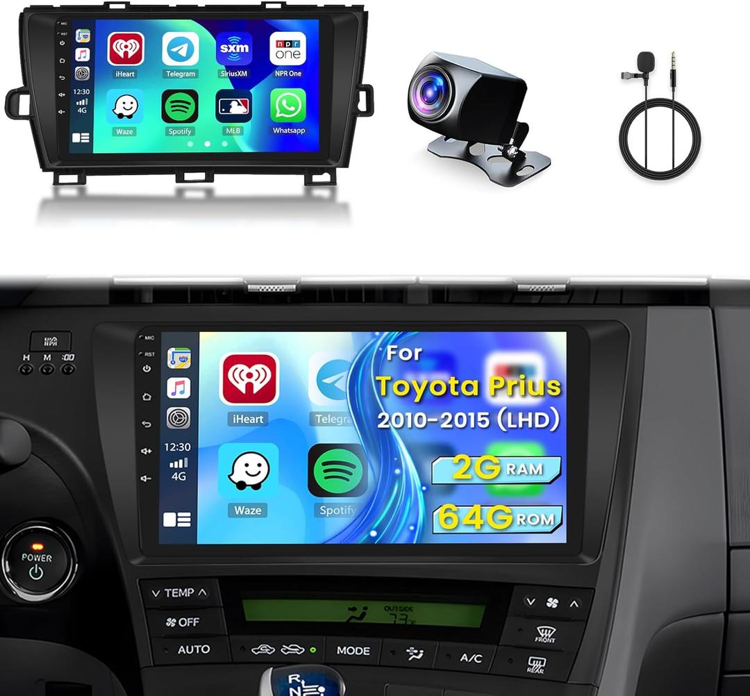 [2G+64G] Android 15 Car Stereo for Toyota Prius 2010-2015 with Wireless Carplay Android Auto, 9 Inch HD Touchscreen with GPS WiFi Bluetooth FM/RDS Radio EQ SWC 26UI Backup Camera MIC