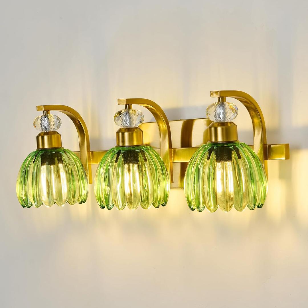 Vintage Bathroom Vanity Light Fixture 3 Lights Gold Bathroom Lighting with Green Glass Shade Mid Century Vanity Light Over Mirror for Kitchen Bedroom Living Room Farmhouse, The diameter of the glass lampshade is 7.48 inches and the height is 2.75 inches.
