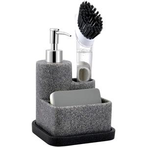 ZCCZ Black Soap Dispenser with Sponge Holder, Kitchen Soap Dispenser Pump, Sponge Caddy and Brush Holder 3 in 1 Set Organizer for Sink Countertop, Removable Tray, Marble Look (Brush NOT Included) (Granite Effect)