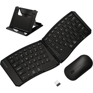 Ergonomic Foldable Keyboard and Mouse Combo, 2.4G+Dual Bluetooth Rechargeable Folding Keyboard Mouse for Travel and Business, Split Design, Portable Size for Laptop iPads Tablet Smartphone