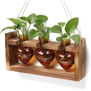 Plant Terrarium Propagation Stations Faith Hope Love Hydroponics Home Garden Decoration Gift for Women with Wooden Stand Heart Shaped Colored Glass Vase (Amber(faith Hope Love))