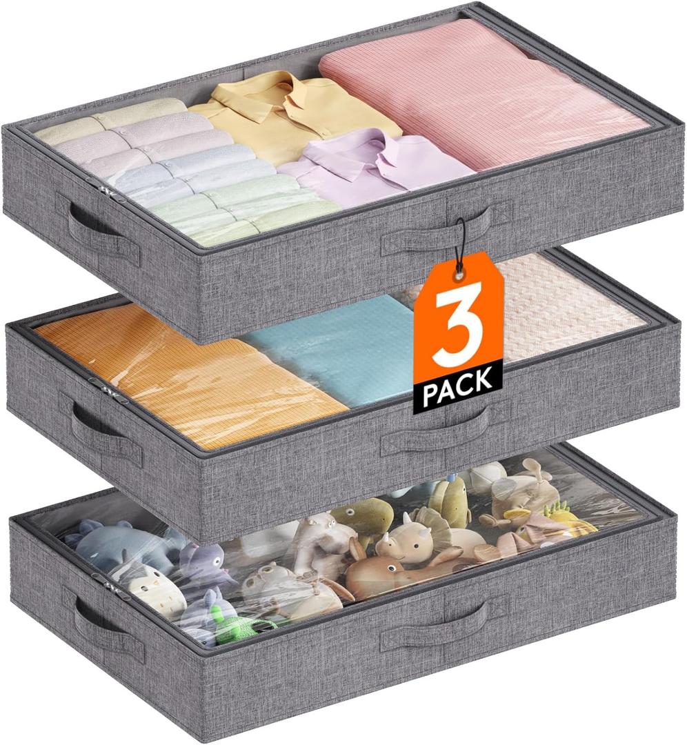 Lifewit Under Bed Storage Containers, 4.3 Inches Tall Low Profile Underbed Storage, Foldable Clothes Storage Bags Organizer Bin with Lids, Ultra Thick Fabric for Blankets Pillows Shoes, Medium, 3 Pack (25.6"L x 15.8"W x 4.3"H)