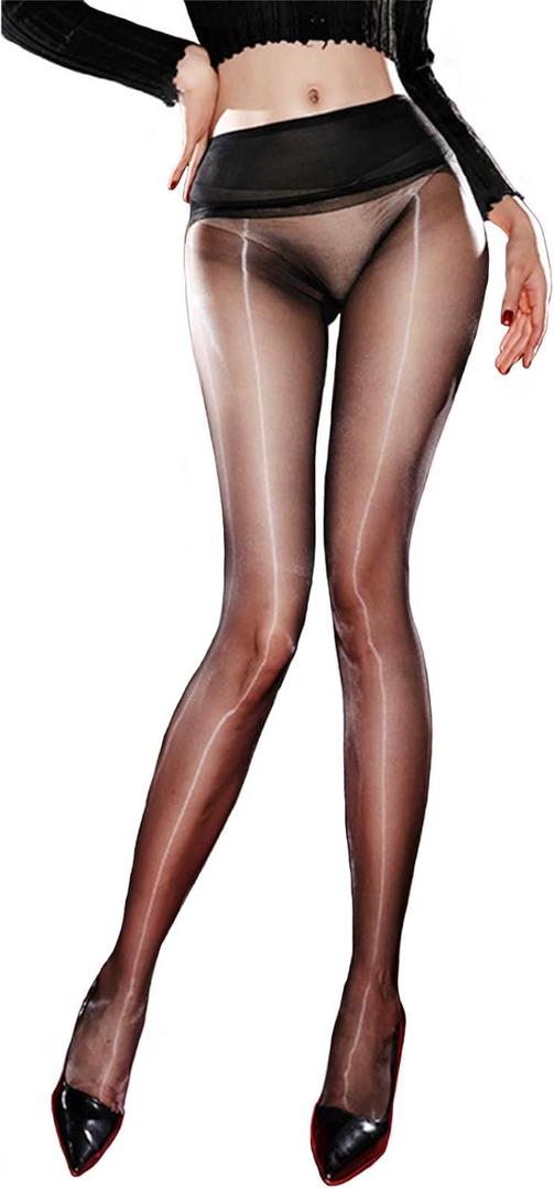 Women's Shiny Seamless Pantyhose Silk Sheer Tights 3D Oil Gloss Nylons Pantyhose (Black)