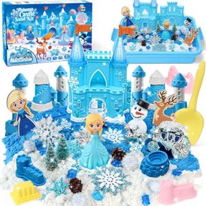 G.C Sensory Bin for Girl Kid Toy, Play Sand Art Kit with Sandbox/2lb Sand/Castle/Molds/Princess Figure, Winter Sensory Toy Christmas Birthday Gift for Girl Toddler Ages 3 4 5 6 7 8