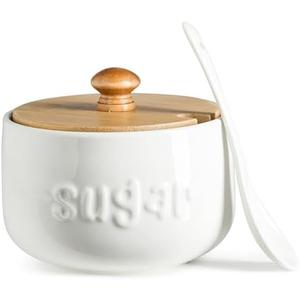 LYEOBOH Sugar Bowl with Lid and Spoon,17 OZ Sugar Jar, Ceramic Jar with Lid, Sugar Container for Coffee Bar, Sugar Bowls for Countertop, Azucarera for Farmhouse Home and Kitchen, White