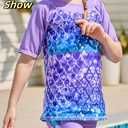 Lovekider Girls Swimsuits Two Piece Rash Guard Set Short Sleeve Bathing Suit Liner Swimwear with Sun Protection 3-12T (7-8 Years, A Mermaid Navy Purple)