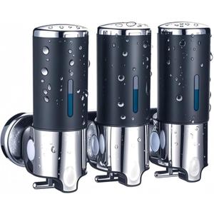 Black Wall Mounted Soap Dispenser for Shower, No Drilled WELLUP Shampoo Dispensers, 3-in-1 Chamber Bathroom Shower Soap Dispenser for Kitchen Bathroom, Matte Black