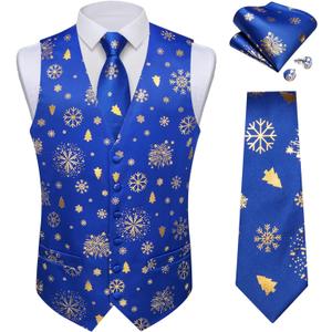 DiBanGu Mens Christmas Suit Vest and Tie Set for Men Waistcoats and Necktie Pocket Square Set for Prom Party S-3XL (Blue Gold)