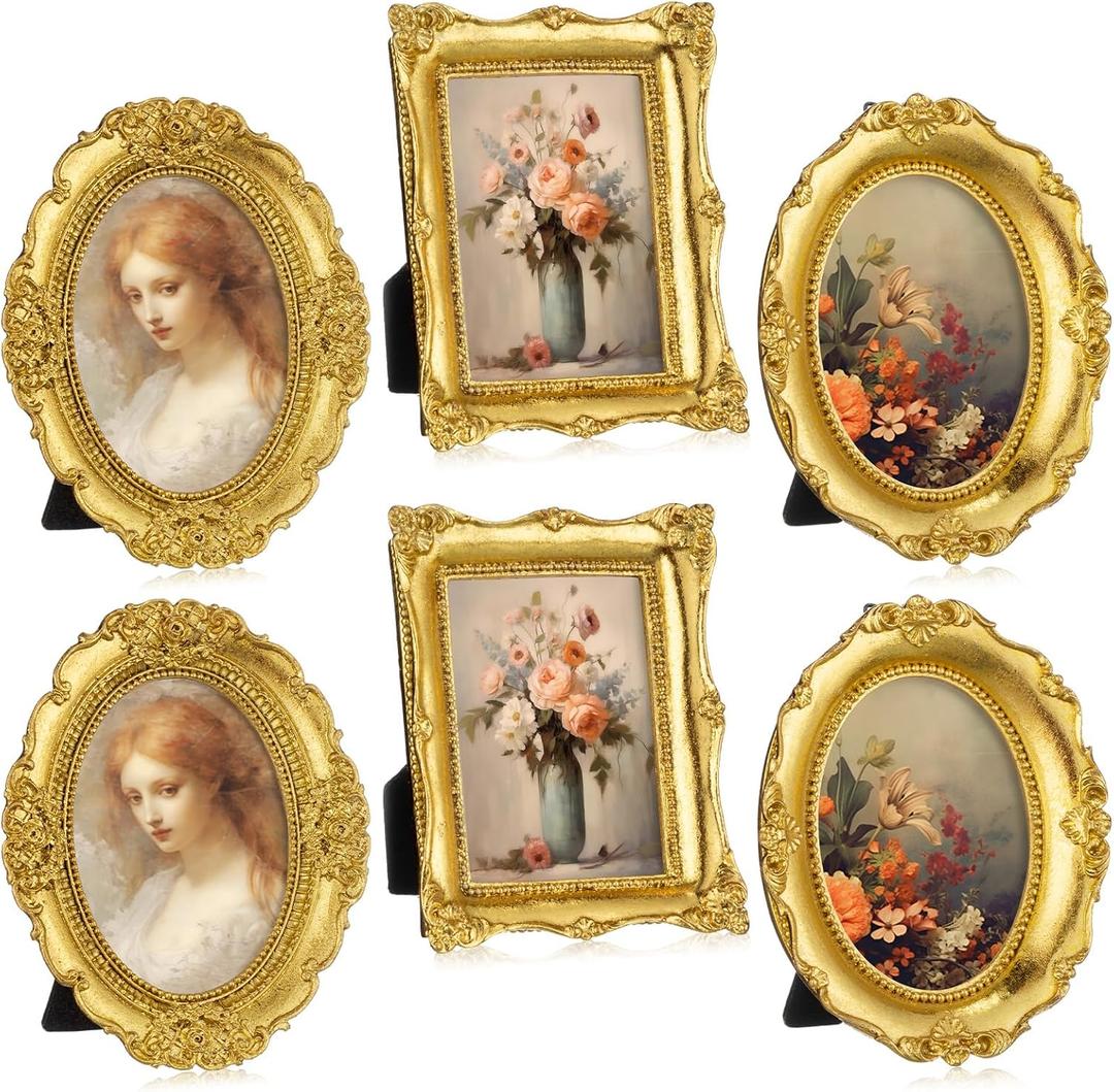 Beeveer 6 Pcs Vintage Small Gold Picture Frames Antique Resin Photo Frame Set with Glass Backboard for Tabletop Display or Wall Hanging Ornate Baroque Decor for Home Wedding Gallery Hotel (Baroque)