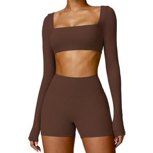 ABOCIW Women Square Neck Long Sleeve Workout Crop Top Low Medium Impact Athletic Yoga Gym Shirts with Built in Bra(ONLY TOP) (Brown)