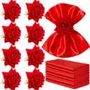 16 PCS Valentine's Day Napkins and Rings Set 8 PCS Red Cloth Napkins & 8 PCS Artificial Rose Napkin Rings Wedding Napkin Ring Holders Romantic Table Decor for Valentine's Day Anniversary Dinner Party