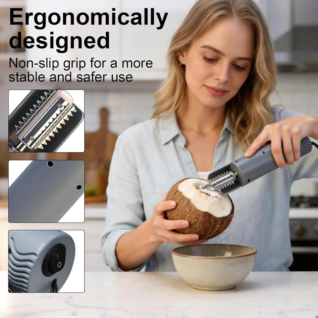Electric Coconut Grater Machine, Portable Handheld Coconut Scraper Peeler Shredder, Wireless Automatic Anti-splash Rotating Kitchen Grater, Stainless Steel Coconut Electric Roller(High-grade gray)