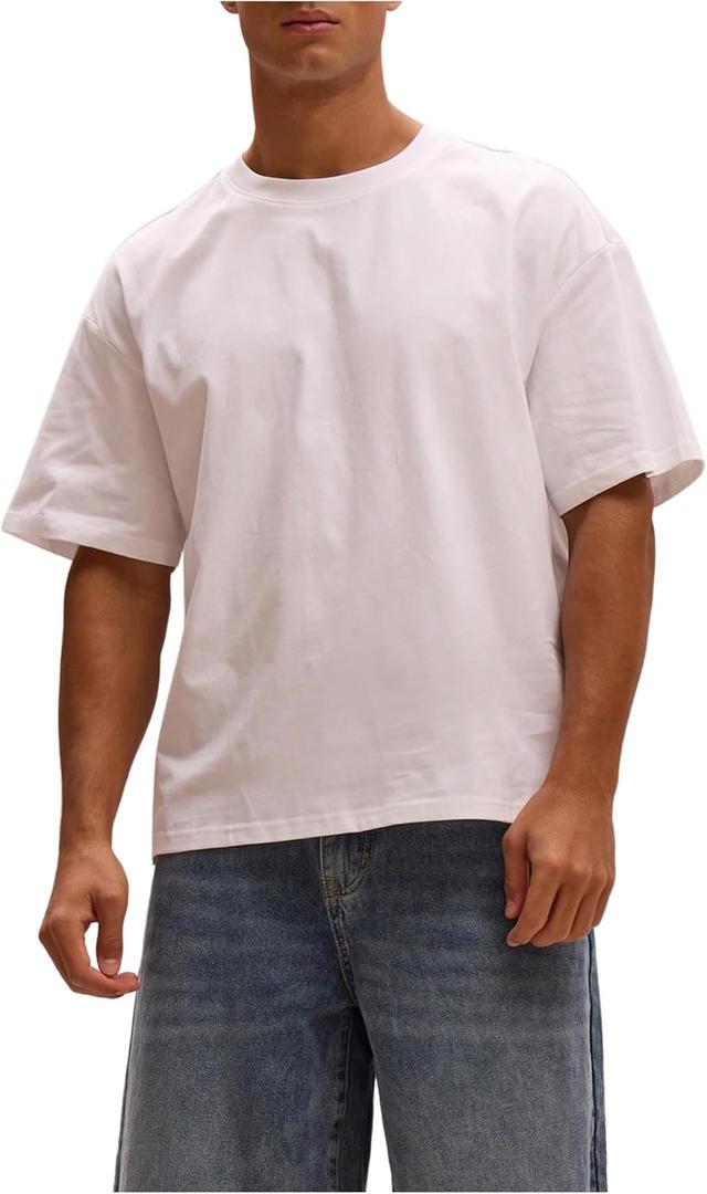 VIPWOLF Men's Oversized Short Sleeve T Shirts Casual Crew Neck Gym Workout Basic Tee Tops Undershirts (White, L)