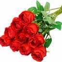 10pcs Red Roses Artificial Flowers with Long Stem Real Looking Red Fake Roses for DIY Wedding Bouquet Table Centerpiece Faux Red Roses for Bridal Shower Floral Arrangements Home Party Decor (Silky Ruby)