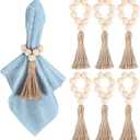 57 Pieces Wooden Bead Napkin Rings, Farmhouse Stretchable Napkin Rings with Tassel Boho Napkin Ring for Dining Table,Wedding Decoration (Nature)