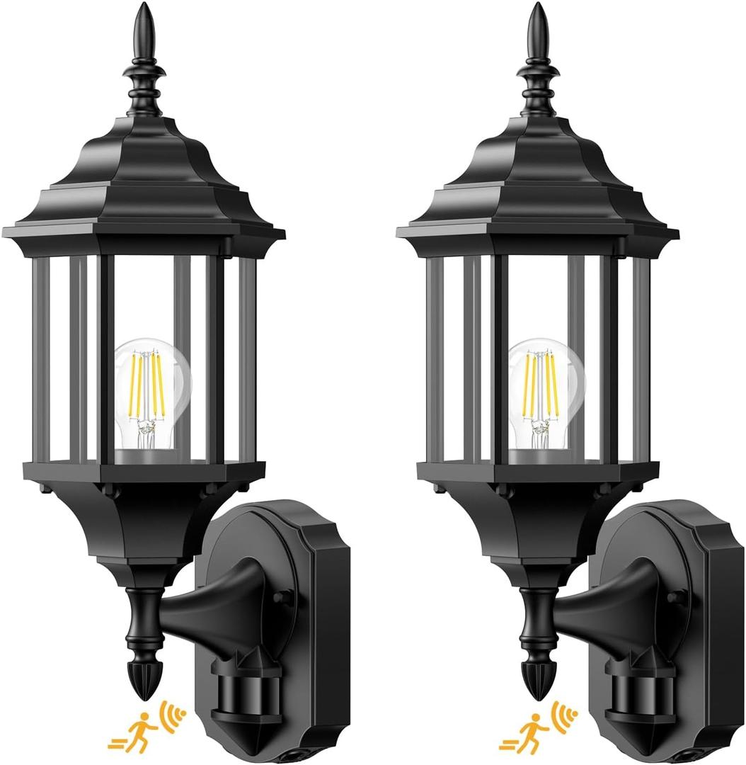 Motion Sensor Outdoor Lights, 2 Pack 16 inch Dusk to Dawn Outside Porch Lights, Waterproof Anti-Rust Aluminum Outdoor Wall Lights Exterior Lighting Fixtures for House, Garage, Front Door (2 Pack - Black)