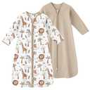 Baby Sleep Sack 12-18 Months, Long Sleeve Baby Wearable Blanket 0.5 Tog with Mittens, 2-Way Zipper Toddler Cotton Sleeping Sack for Boy and Girl Khaki Animal 2 Pack (Large)