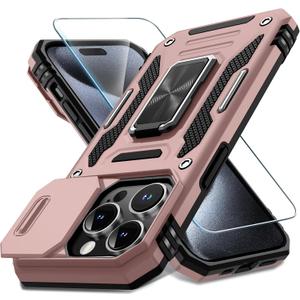 DEERLAMN Case for iPhone 15 Pro with Slide Camera Cover+Screen Protector(1 Pack), Rotated Ring Kickstand Military Grade Shockproof Protective Cover 6.1 Inch-Rose Gold
