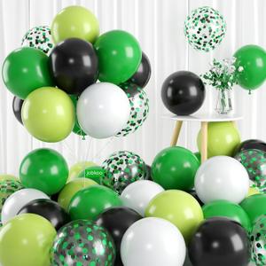 2 x 60 PCS Colorful Balloons Set with Confetti - Green, Black, White - 12 Inch Lime Green Balloons for Video Game Football Theme Party Kids Birthday Decorations
