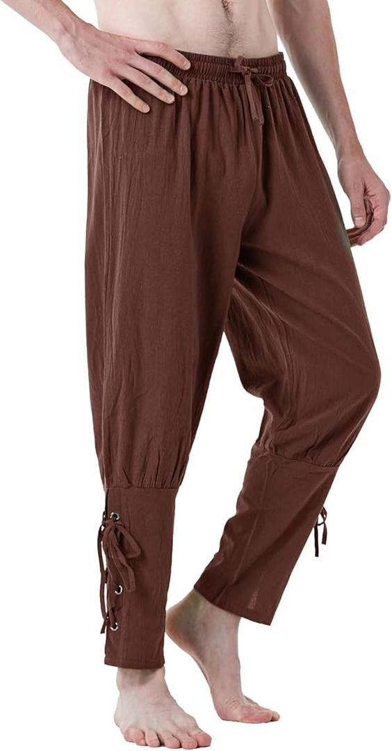 Men's Pure Cotton Vintage Ankle Banded Pants for Renaissance Pirate Viking Medieval Costume (Small, Brown)