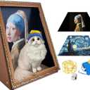 Oil Painting Frame Cat House with Scratcher - 2 Interchangeable Oil Painting Backgrounds - Starry Night & Girl with a Pearl Earring - LED fairy light Lights & Pet Hat - 3D Art Picture Frame Cardboard House Bed Cave Indoor, Easy-to-Assemble