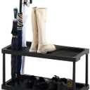 Cinnvoice 2 Tier Large Boot Tray with Umbrella Holder Plastic Shoe Rack Black Waterproof Boot Shoe Mat for Entryway All Weather Indoor Outdoor, 28 x 14.5 x 14.5 Inches