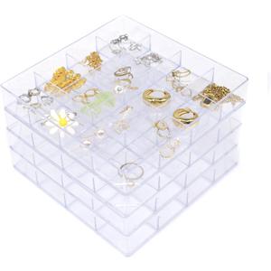 4 PCS Stackable Jewelry Organizer Tray, Plastic Storage Box with 16 Mini Grid (1.57''), Clear Organizer Tray for Drawer Dresser Vanity Desk, Jewelry Storage Box for Necklaces Bracelets Rings Earrings